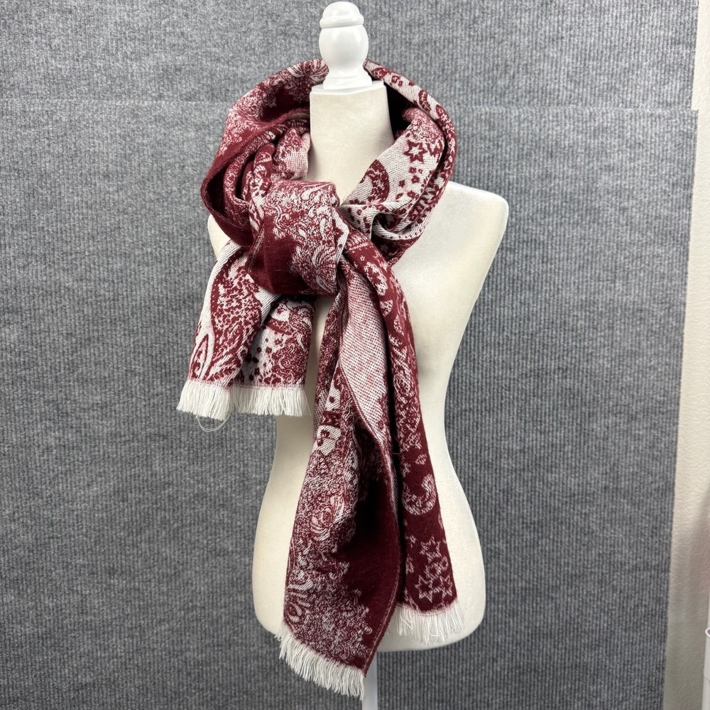 Wool Blend Paisley Wrap Shawl Scarf Preppy Cozy Maroon Burgundy - Picture 5 of 11